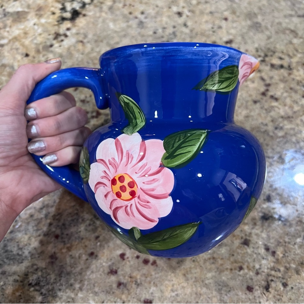 Vintage Hand Painted Blue and Pink Floral Pitcher
